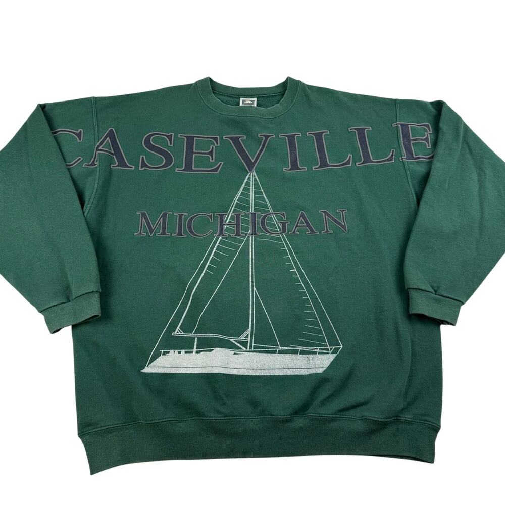Vintage Caseville Michigan Sail Boat Lake Green All Over Print Crewneck Size XL